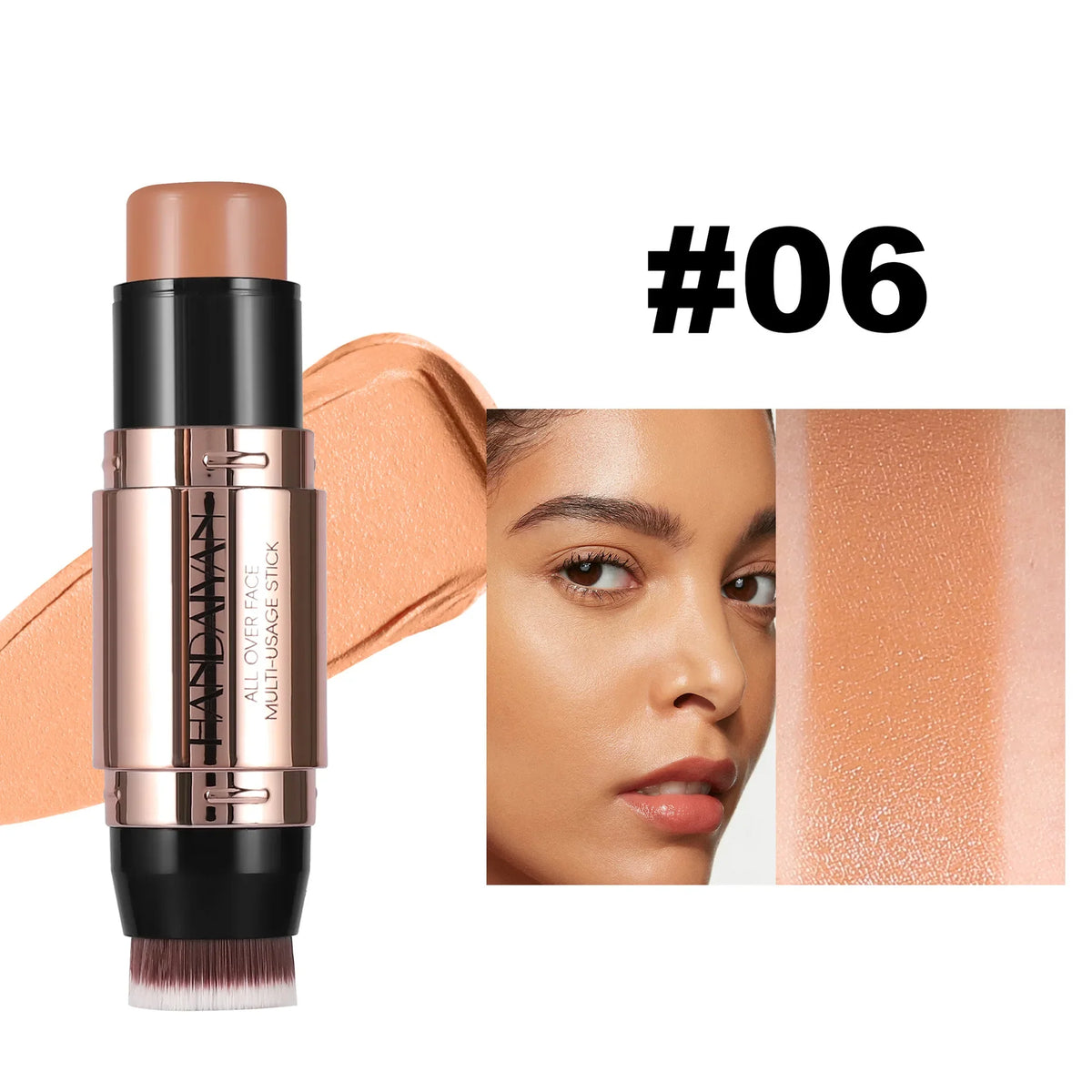 Blushimmer double-head face contour stick with brush, featuring light and dark shades for bronzing, contouring, and facial brightening.