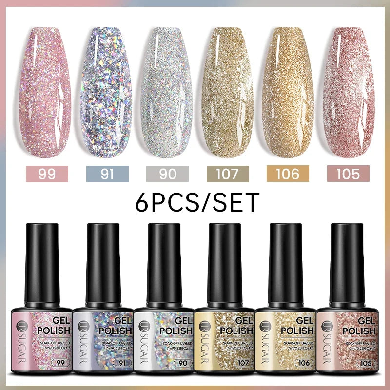 Blushimmer UR SUGAR 7ml gel nail polish set featuring nude pink red and glitter shades for all-season manicures.