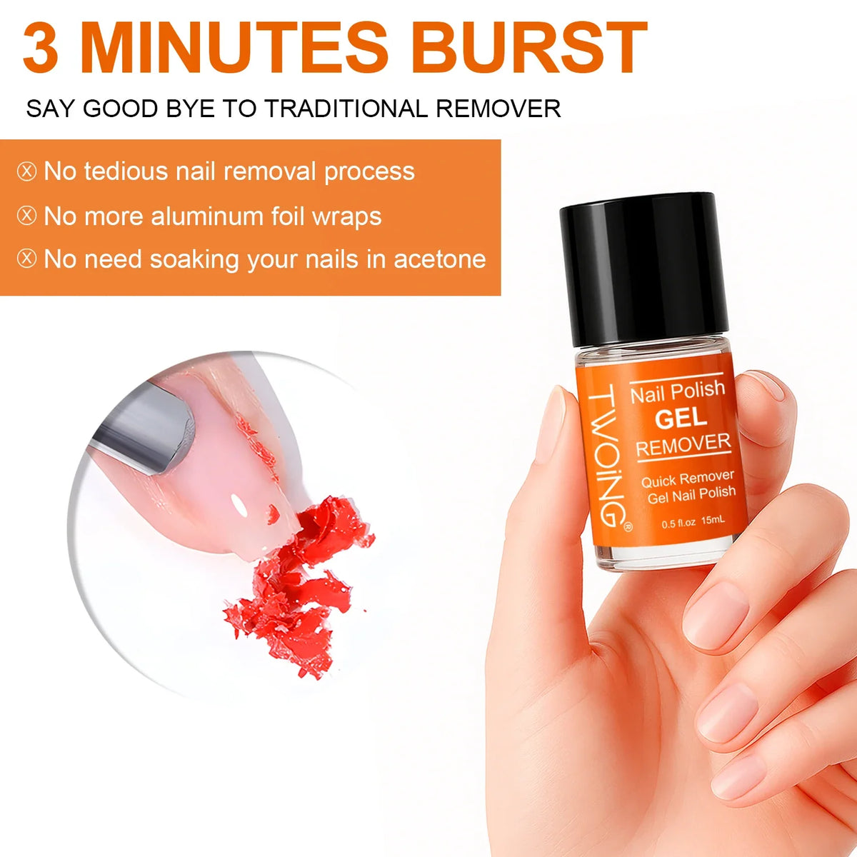 Blushimmer TWOING Nail Gel Polish Remover in 15ml bottle, quick and easy gel removal without soaking or wrapping.