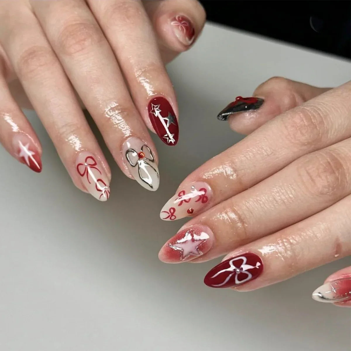 Set of 24 Blushimmer wine red almond press-on nails with cartoon rabbit, bowknot, plaid, pearl designs, French style, detachable for girls.