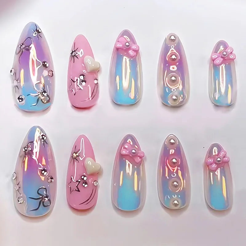 Set of 24 Blushimmer wine red almond press-on nails with rabbit cartoon design, bowknot, plaid, pearl accents, and French style.