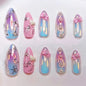 Set of 24 Blushimmer wine red almond press-on nails with rabbit cartoon design, bowknot, plaid, pearl accents, and French style.