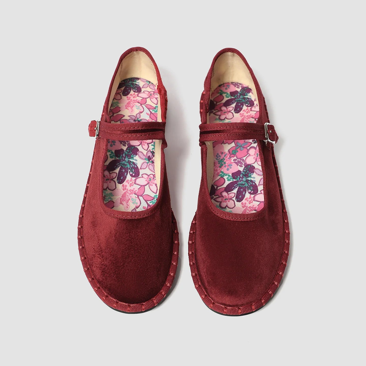 Printed Insole Stitching Velvet Mary Janes Shoes Women High Quality Pleuche Red Ballet Flats Shoes Ladies Casual Cloth Footwear