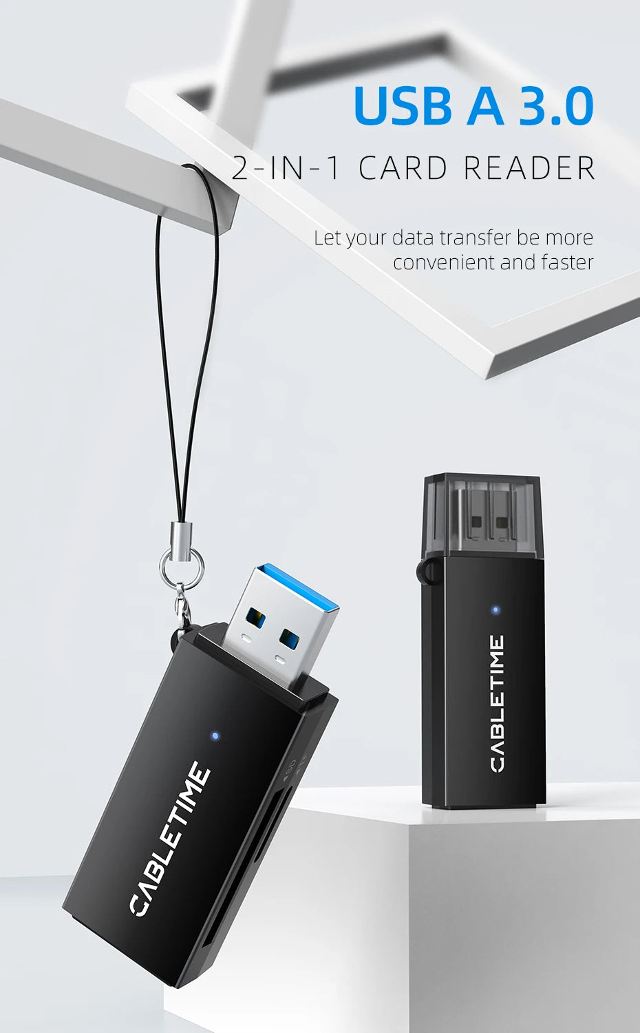 CABLETIME High-Speed Dual-Port Card Reader USB C & USB 3.0 SD Card Reader for Laptop Accessories 104MB/s 5Gbps Card Reader