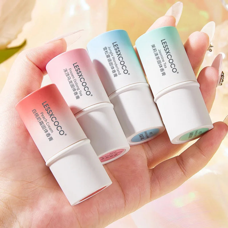 Blushimmer fruit flavor women's perfume stick deodorant with long-lasting body fragrance in a portable solid balm.