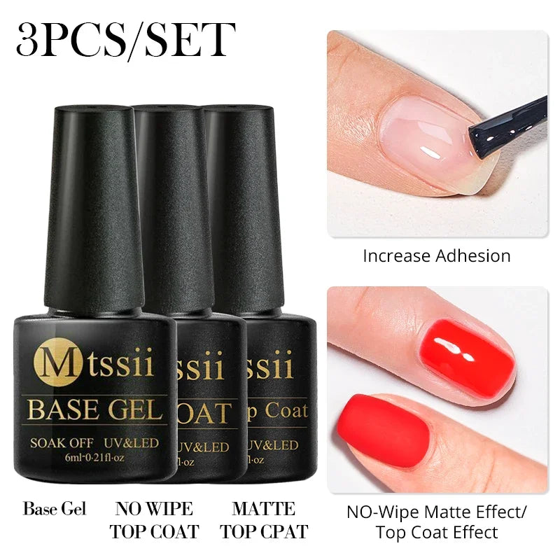 Set of six Blushimmer sparkly red gel nail polishes with shiny finish for manicures, displayed in a manicure kit.