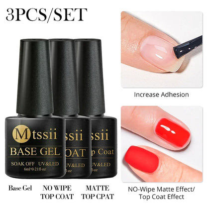 Set of six Blushimmer sparkly red gel nail polishes with shiny finish for manicures, displayed in a manicure kit.