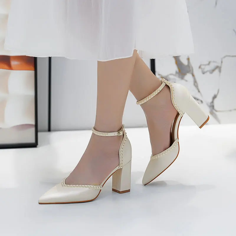 2026 New High Heels Bride Wedding Shoes Women Pumps,Pointed Toe,Side Shallow,V Shape,Pearls Ankle Strap,White,Beige,Dropship