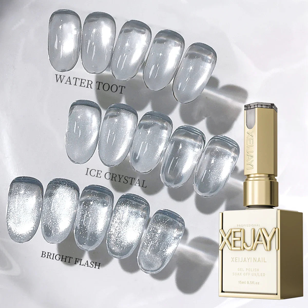 XEIJAYI Blushimmer 3-pack 15ml white cat's eye magnetic gel nail polish with ultra shine and quick-dry UV/LED soak-off varnish.