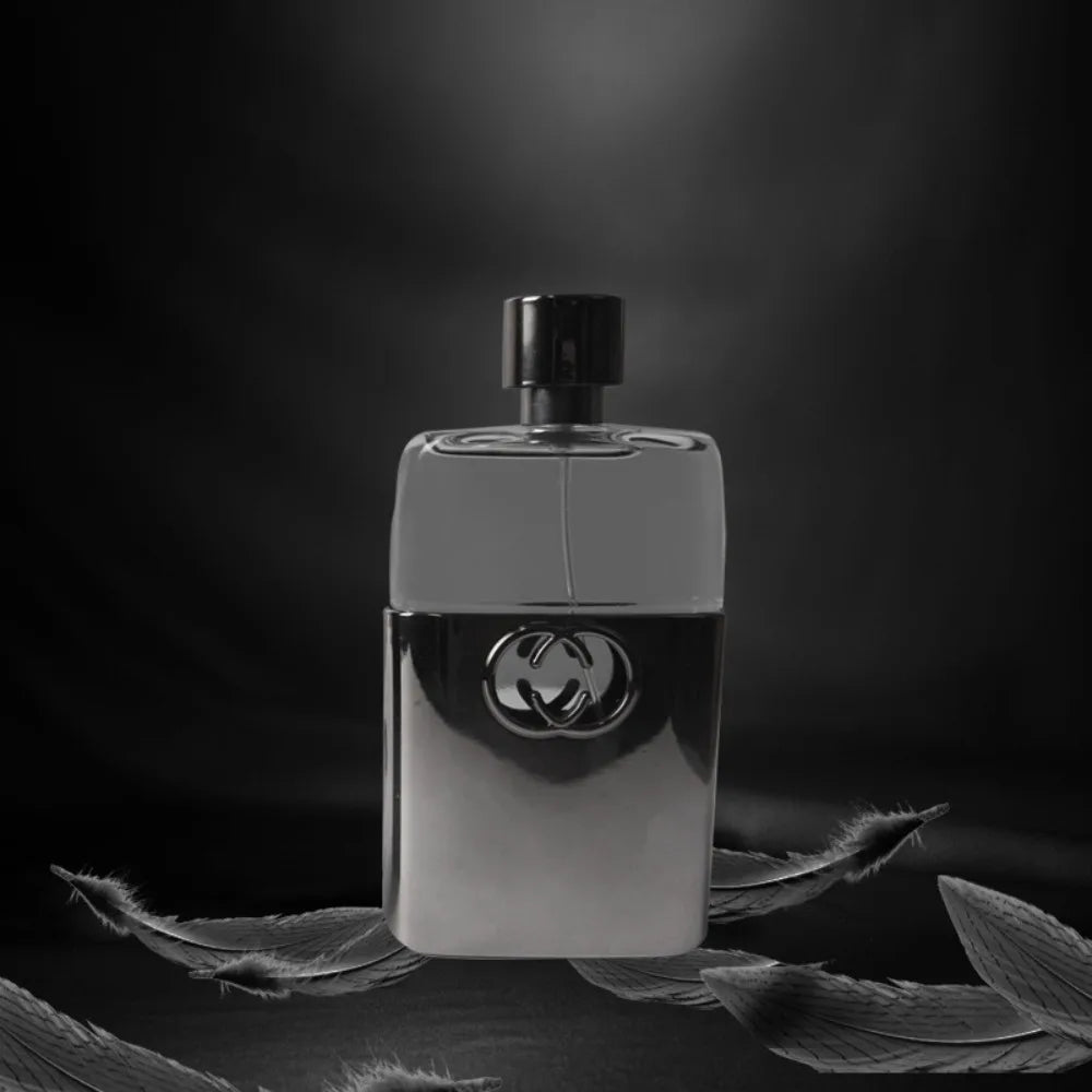 Blushimmer Guilty Black pheromone cologne for men and women with fresh woody sandalwood scent, elegant perfume bottle.