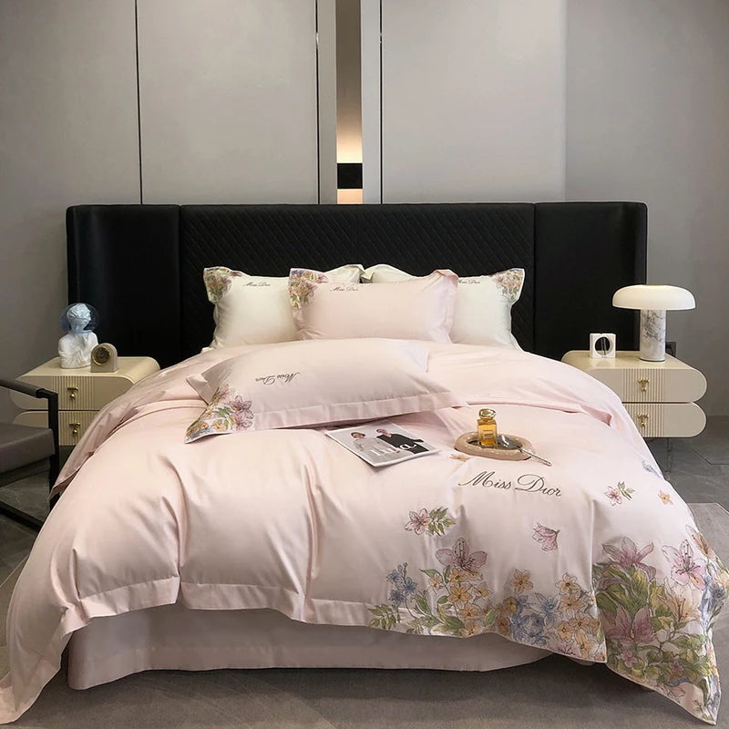 Bedding Set Luxury Flowers Embroidery Quilt/Duvet Cover White Egyptian Cotton Bedspread Fitted Sheet Mattress Cover Pillowcases