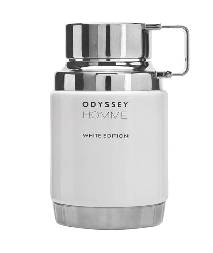 Armaf Odyssey Homme White Edition men's Eau de Toilette spray in 3.4 oz bottle, featuring sleek white packaging and elegant design.