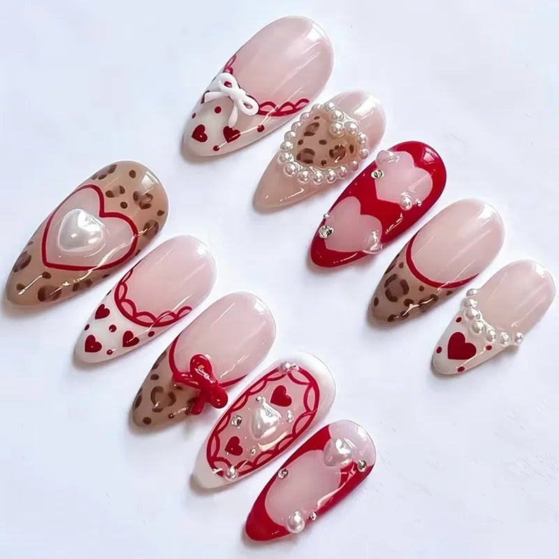 Set of 24 Blushimmer wine red almond press-on nails with cartoon rabbit, bowknot, plaid, pearl designs, and French style for girls.