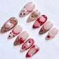 Set of 24 Blushimmer wine red almond press-on nails with cartoon rabbit, bowknot, plaid, pearl designs, and French style for girls.