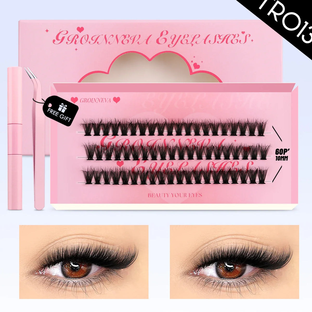 Blushimmer Lash Clusters Kit with fluffy C curl individual eyelash extensions in 10-18mm, including lash bond and seal for DIY lash extensions.