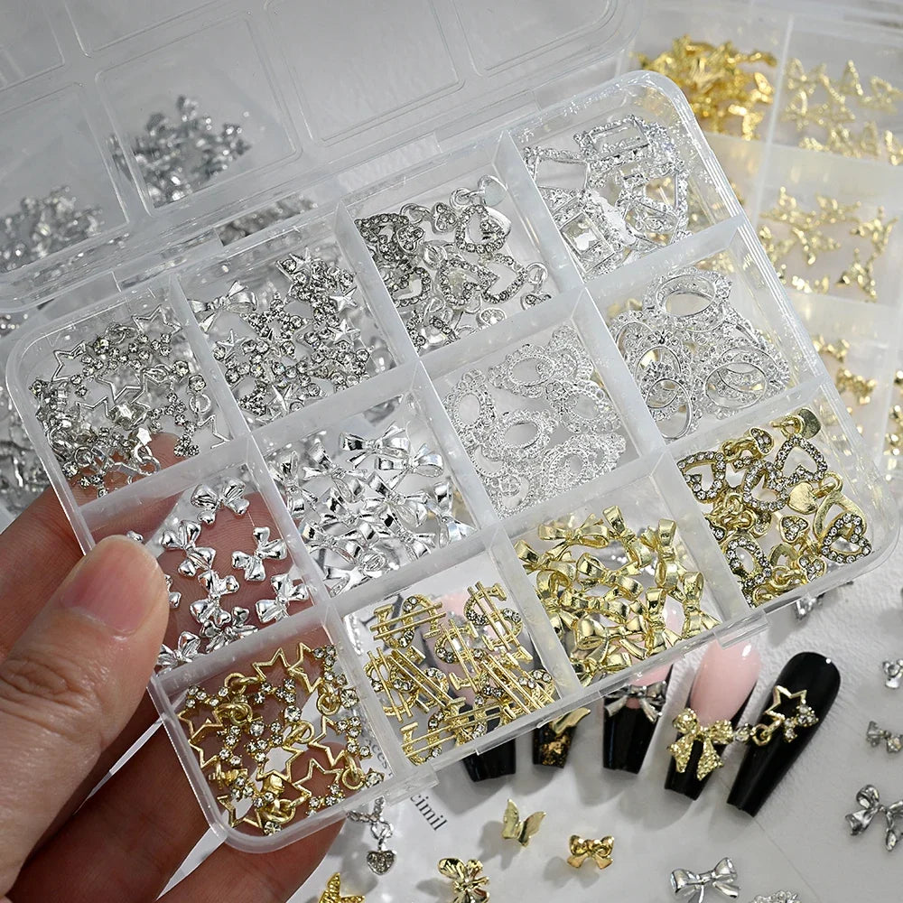 Set of 120 Blushimmer 3D gold bow and butterfly nail charms, shiny star and bowtie nail jewelry for luxury nail art supplies.
