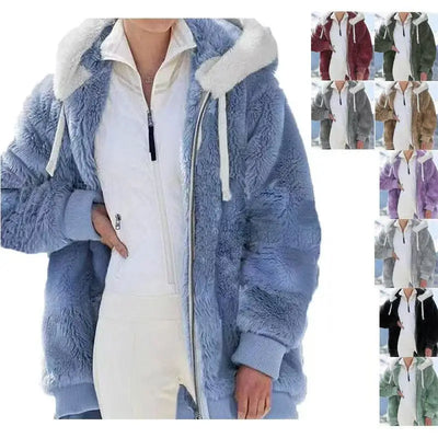 Women’s winter faux fur jacket by LadyShow featuring a plush, hooded fleece coat with zipper and thick, warm cashmere-like material.