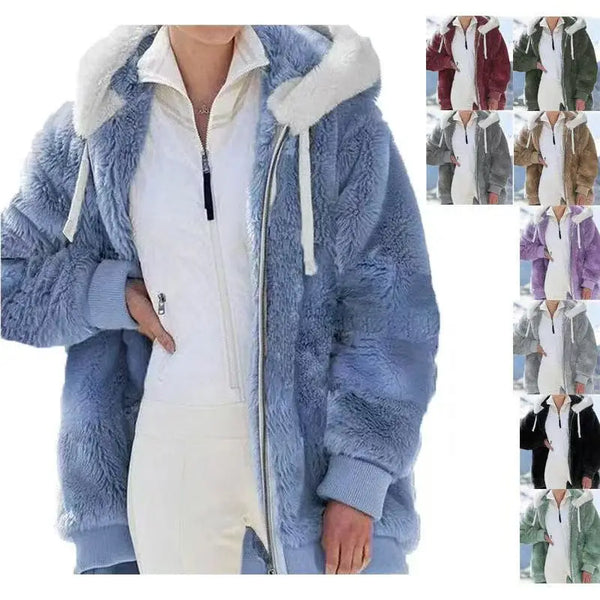 Women’s winter faux fur jacket by LadyShow featuring a plush, hooded fleece coat with zipper and thick, warm cashmere-like material.