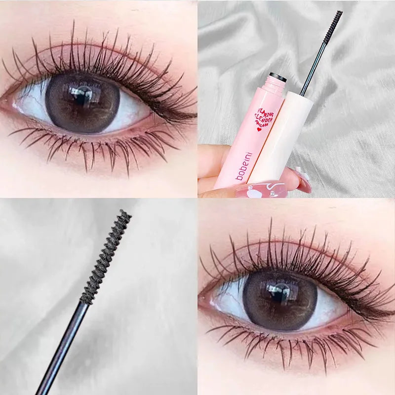 Blushimmer Ultra-Fine Brush Waterproof mascara with silk fibers, brown-black, lengthens and curls eyelashes with quick-dry matte finish.