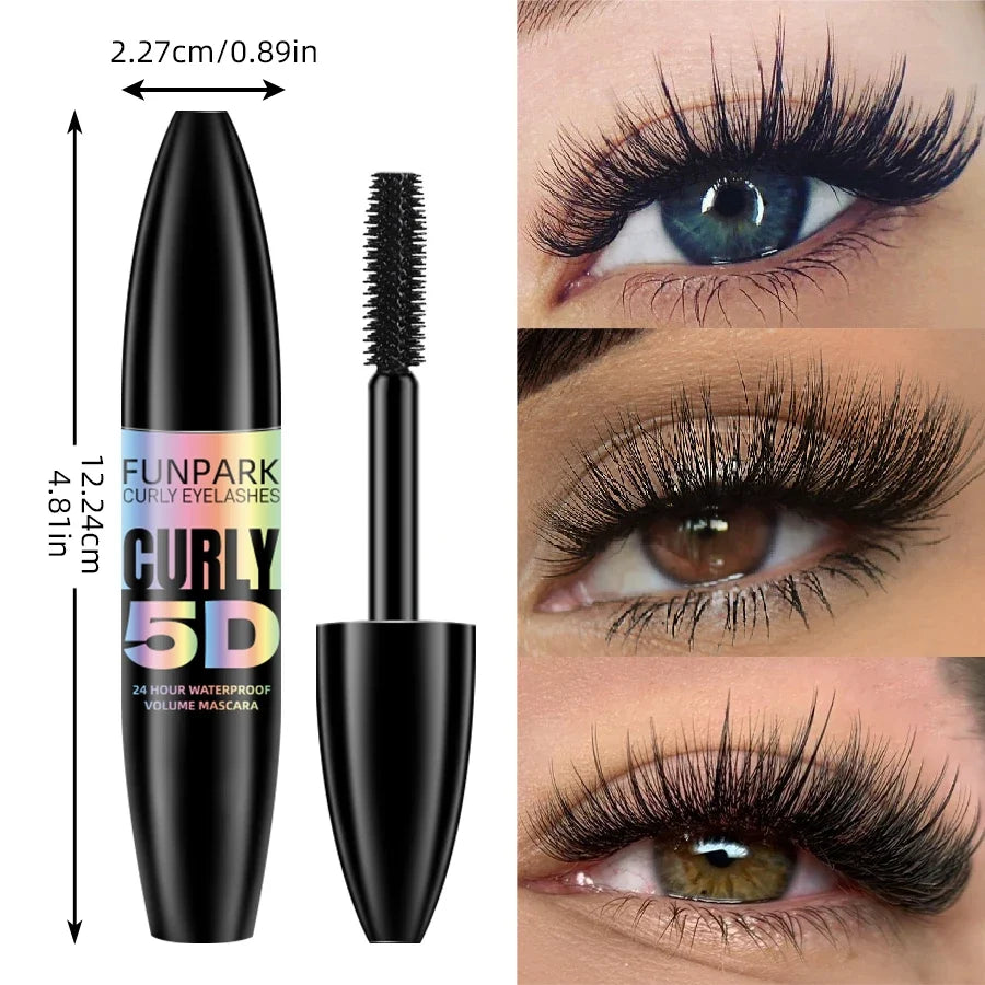 Black 5D Fiber Mascara by Blushimmer showing thick, lengthened lashes with waterproof formula and fiber-enhanced volume.