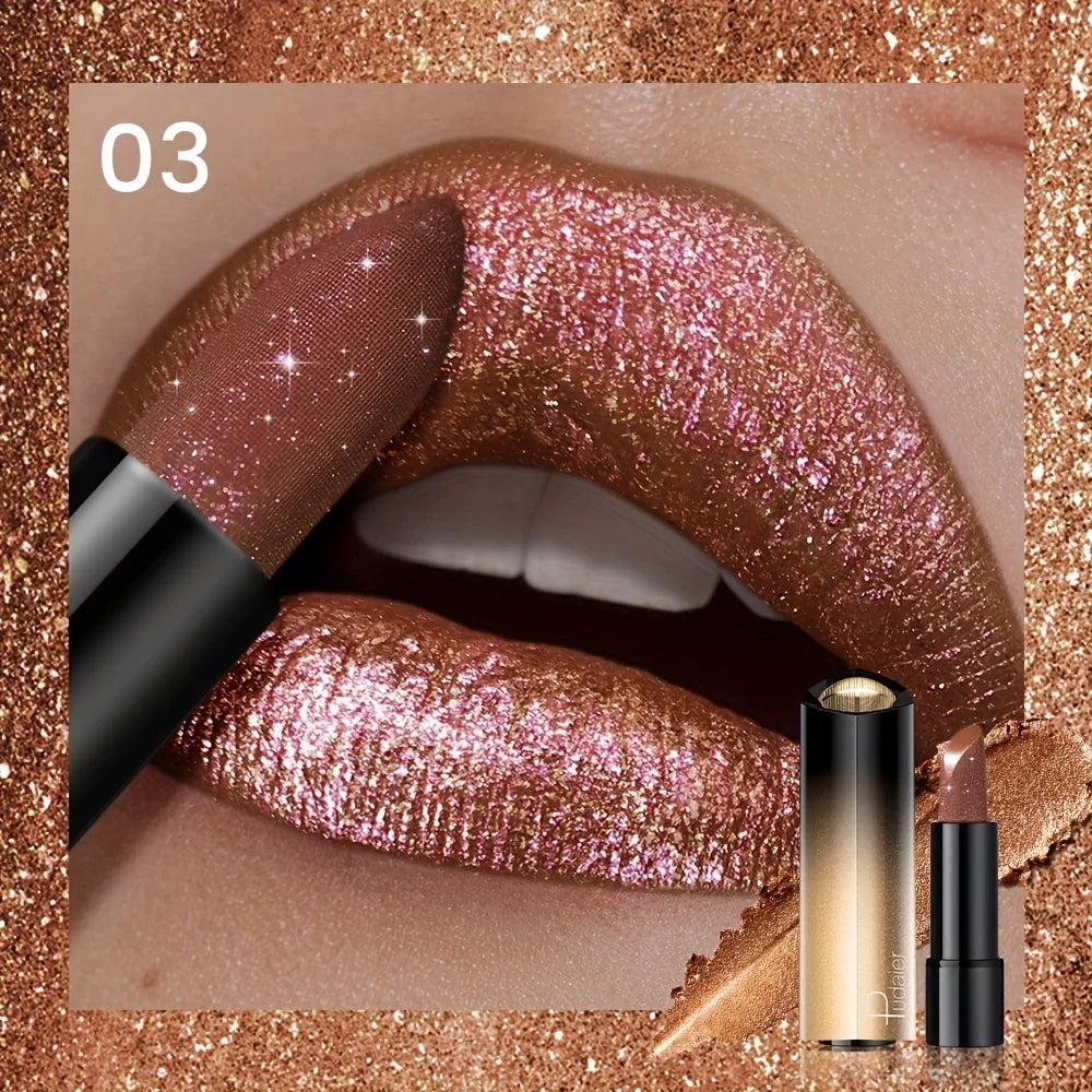 Blushimmer metallic shimmer lipstick with pearly glitter shine and creamy texture, featuring high color payoff and smooth application.