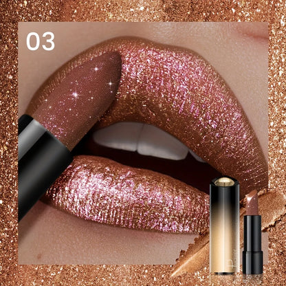 Blushimmer metallic shimmer lipstick with pearly glitter shine and creamy texture, featuring high color payoff and smooth application.