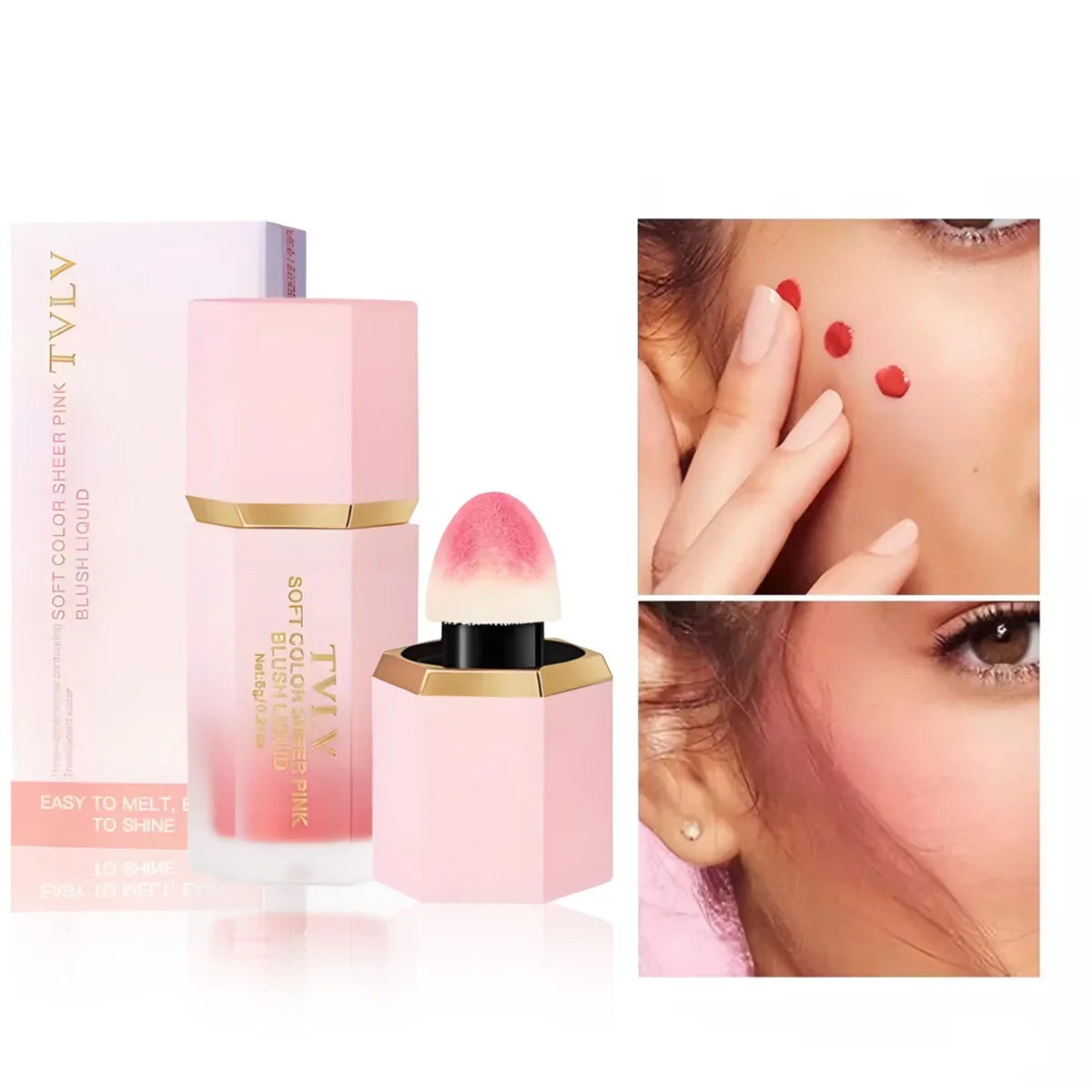 Blushimmer TVLV Velvet Liquid Blush with sponge head, natural matte finish, brightening facial contour makeup in a sleek bottle