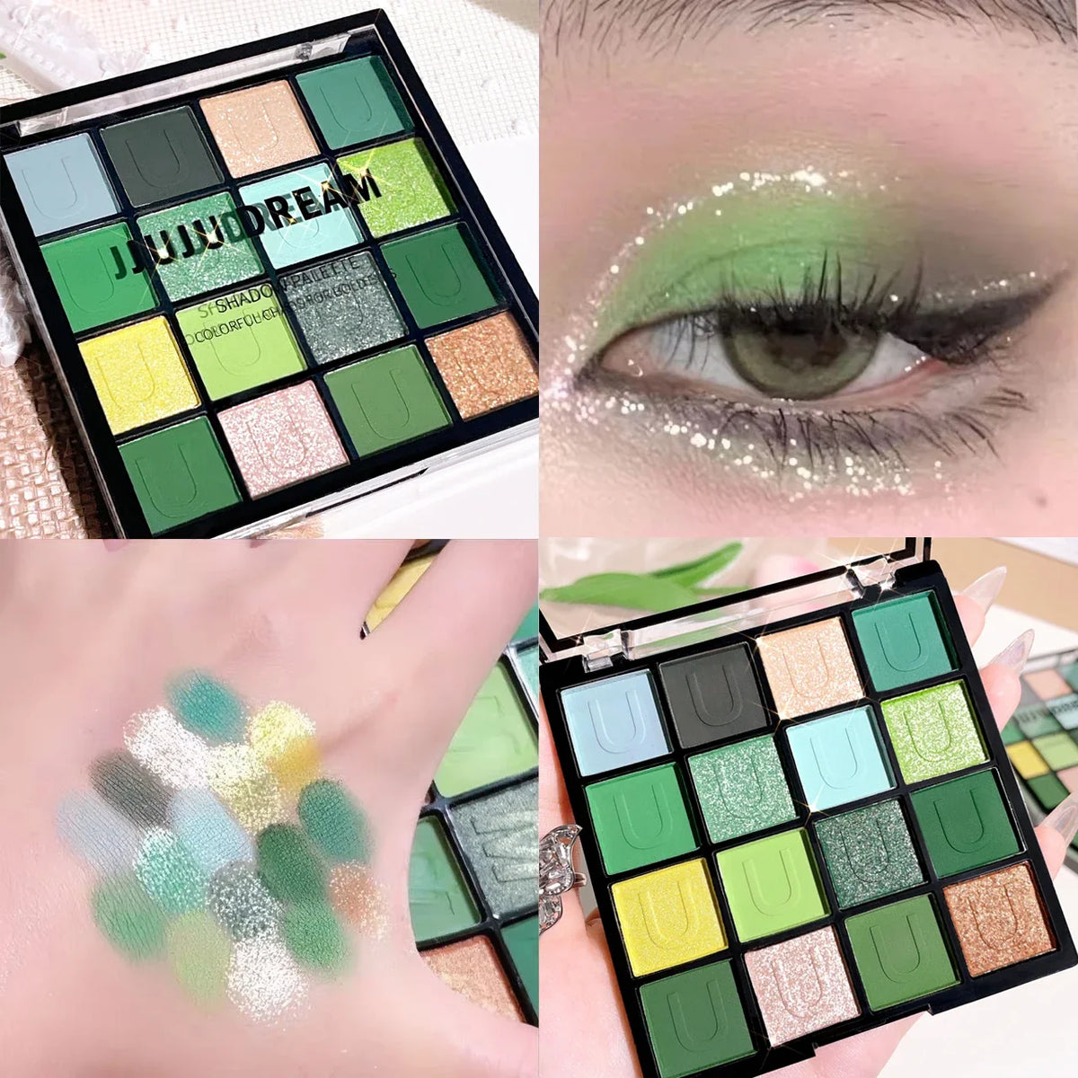 Red eyeshadow tray by Blushimmer with 16 purple glitter, pearl, and matte shades for shimmering Korean eye makeup looks.