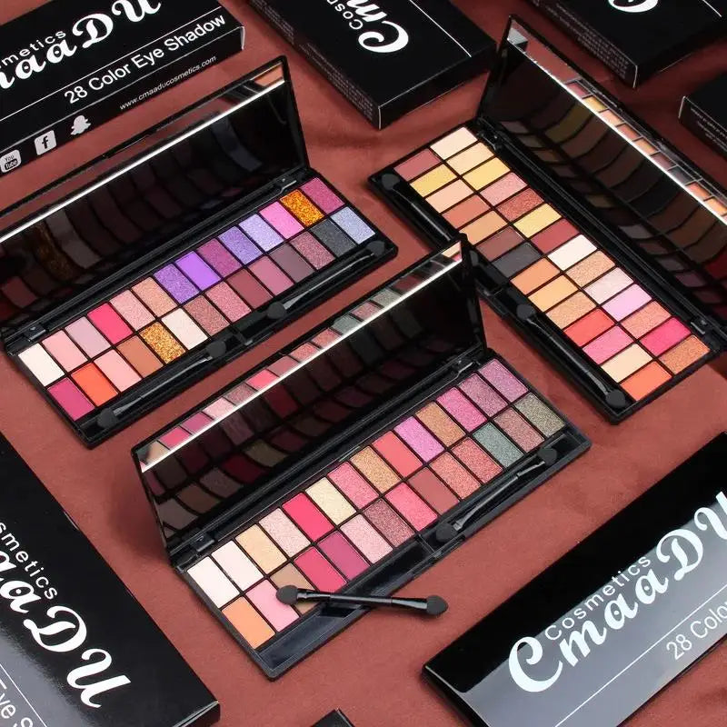 Blushimmer matte shimmer eyeshadow palette with 28 waterproof colors and dual-ended brush for professional makeup application.