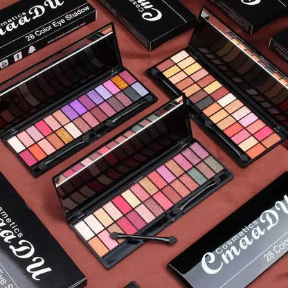 Blushimmer matte shimmer eyeshadow palette with 28 waterproof colors and dual-ended brush for professional makeup application.