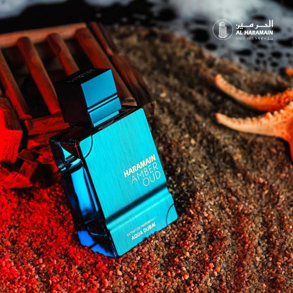 Al Haramain Amber Oud Aqua Dubai Eau de Cologne bottle, unisex fragrance with long-lasting scent, 2 oz size.