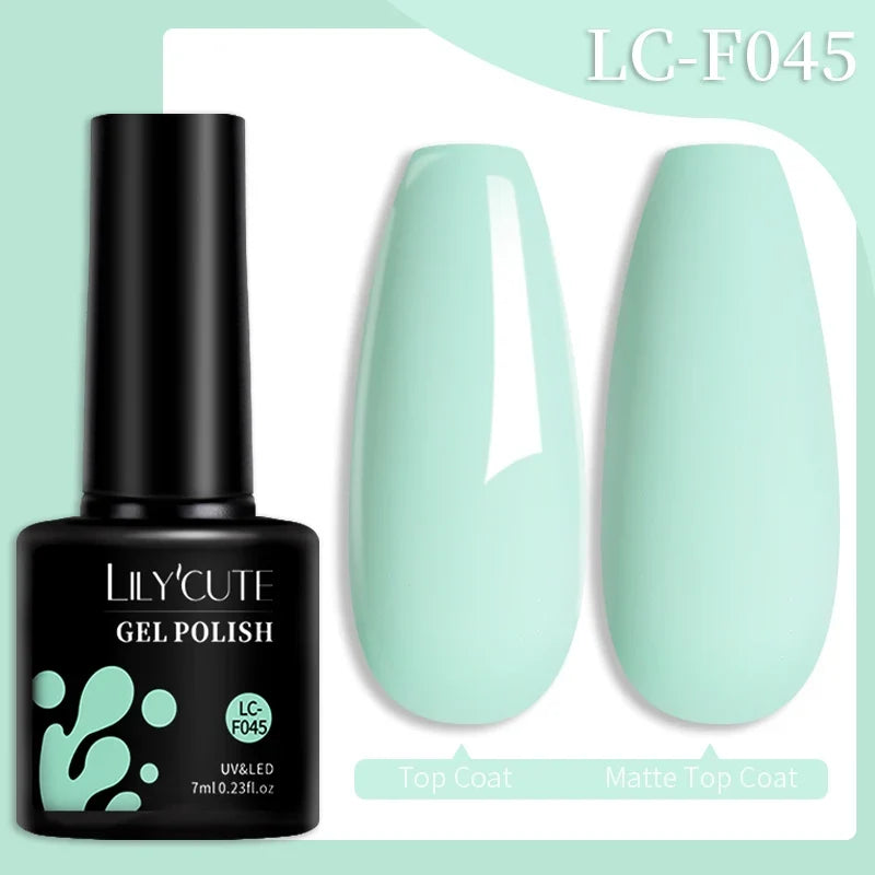Colorful 7ML Blushimmer LILYCUTE gel nail polish bottle with vibrant shades, long-lasting, semi-permanent base and top coat for nail art.