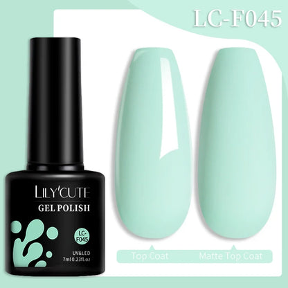 Colorful 7ML Blushimmer LILYCUTE gel nail polish bottle with vibrant shades, long-lasting, semi-permanent base and top coat for nail art.