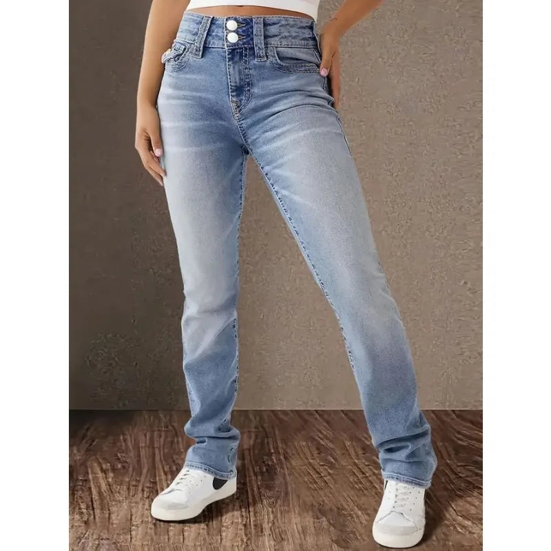 Womens Jeans Y2k Jeans Blue Denim Pants Straight Leg Stretch Fabric Slim Fit High Waist Retro Style Casual Wear