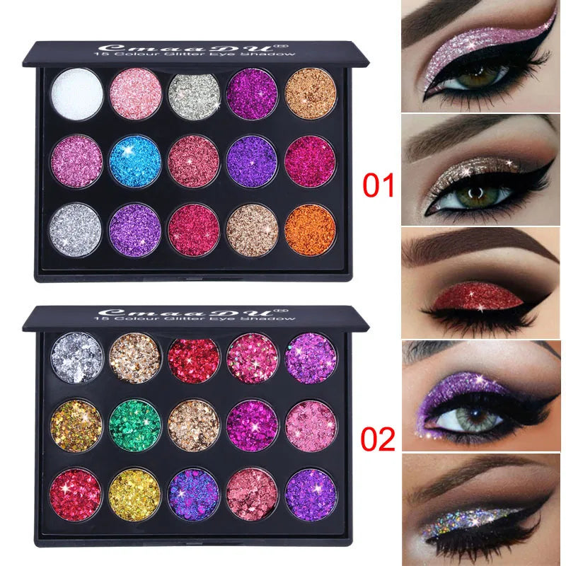 Blushimmer CmaaDu gold glitter eyeshadow tray with 15 color shades, shimmering, waterproof, easy to apply, and suitable for all skin tones.