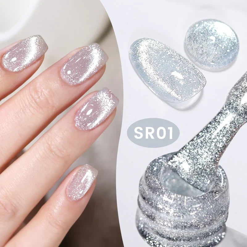 Silver reflective cat magnetic gel nail polish by Blushimmer with crystal glitter, 10ml soak-off UV LED nail art gel.