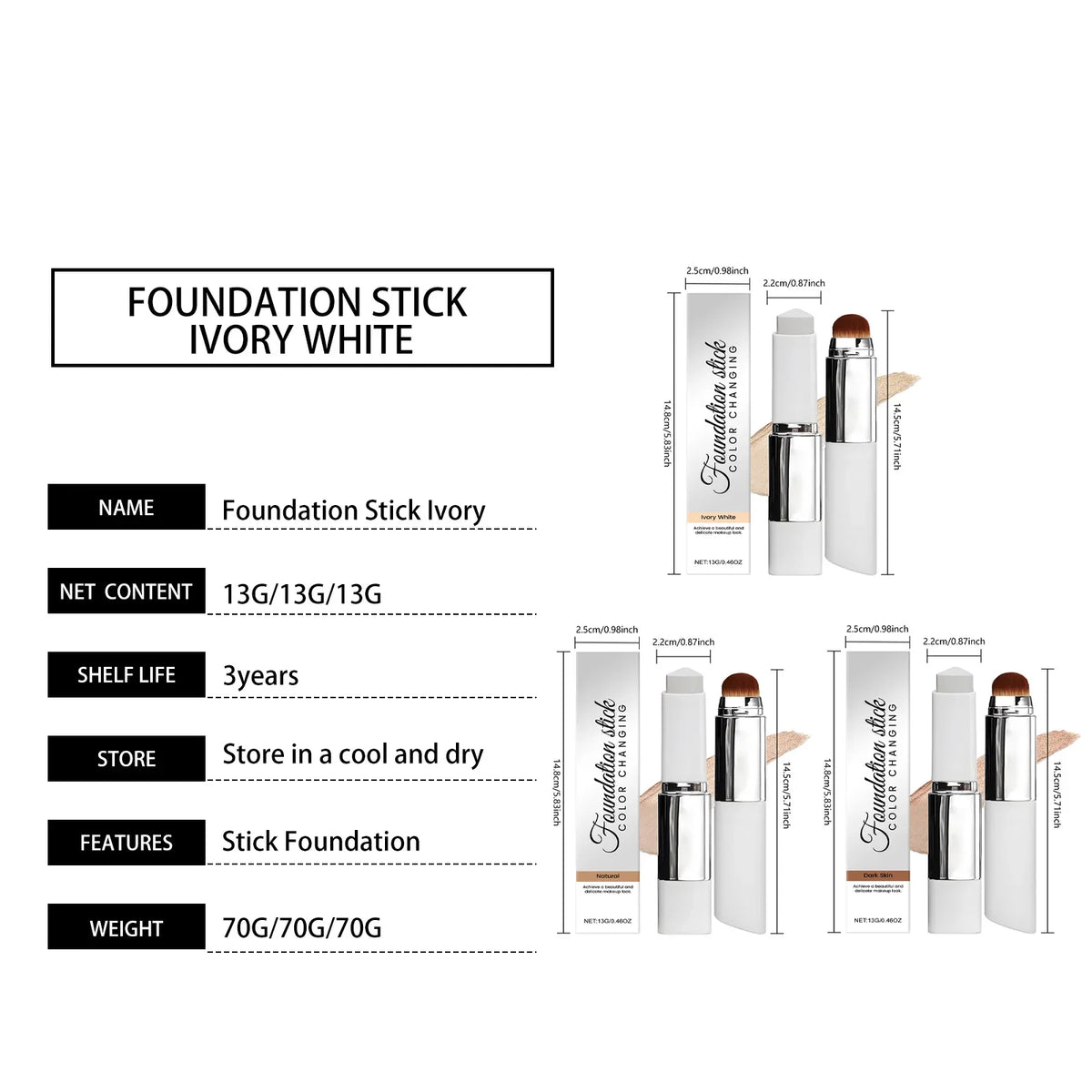 Foundation Make-Up Stick Double Head with Brush 3 Colors Lightweight Moisturizing Brighten Matte Concealer 2IN1 Foundation Stick