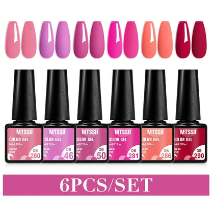 Blushimmer MTSSII 6-piece set of sparkly red gel nail polish bottles for shiny gel nail art and manicures.