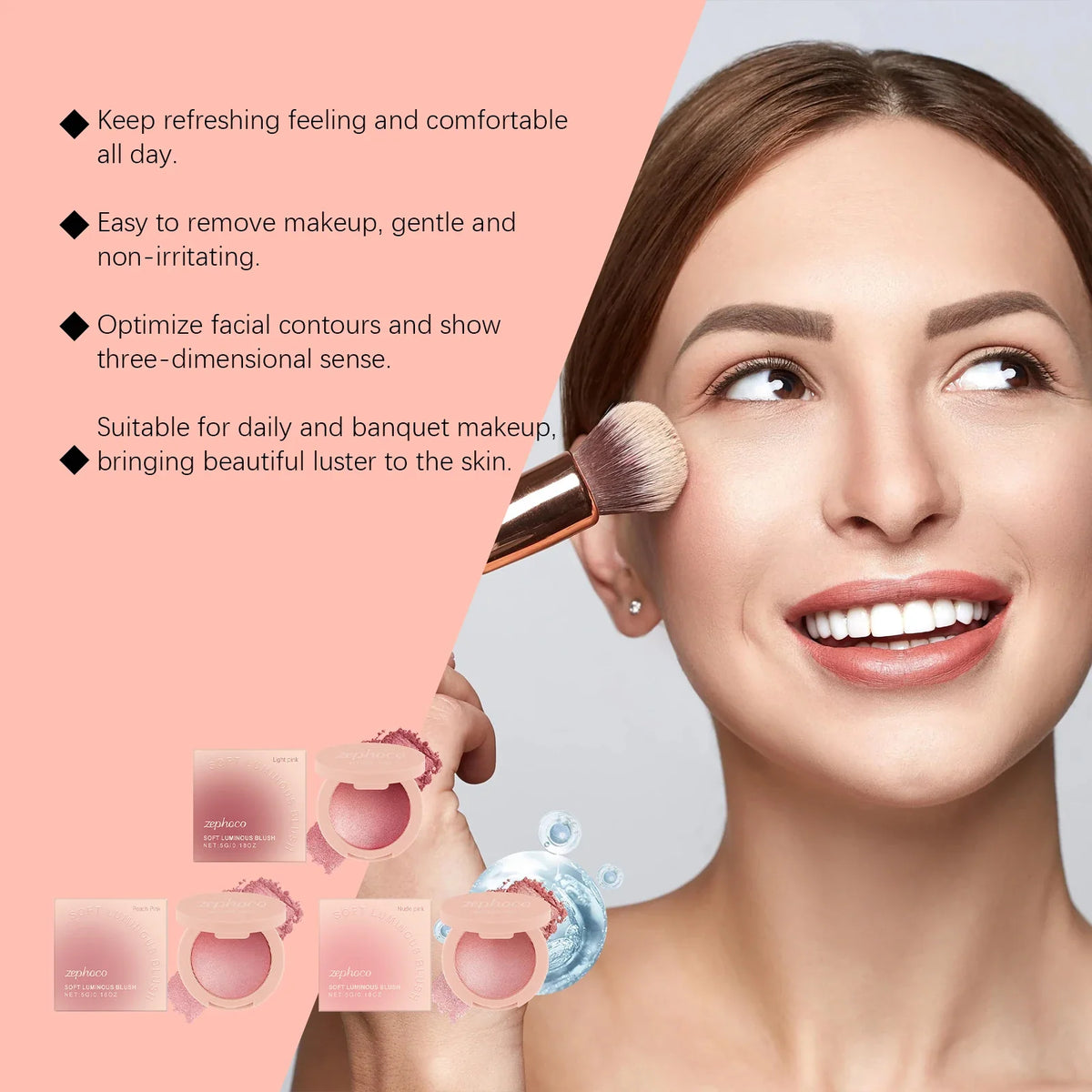 Blushimmer Pearl Blush with soft light pink powder for a natural, radiant finish, long-lasting and buildable for a delicate glow