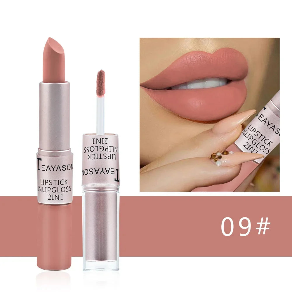 Blushimmer 2-in-1 velvet matte lipstick with double head lip gloss, waterproof, non-stick cup, vibrant red makeup product