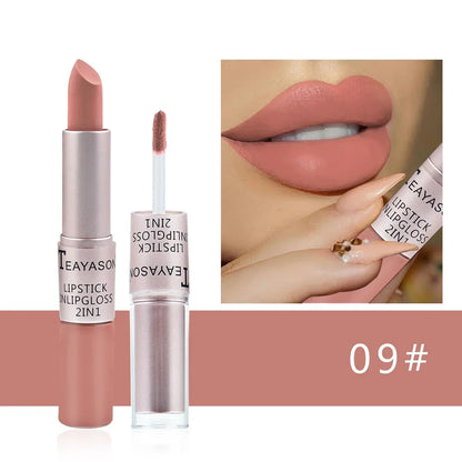 Blushimmer 2-in-1 velvet matte lipstick with double head lip gloss, waterproof, non-stick cup, vibrant red makeup product