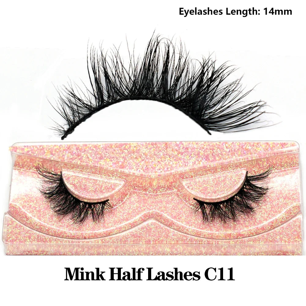 Blushimmer 3D Mink Fluffy Half False Eyelashes with clear band, natural, lightweight, reusable short eye strip lashes on a white background.