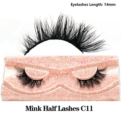Blushimmer 3D Mink Fluffy Half False Eyelashes with clear band, natural, lightweight, reusable short eye strip lashes on a white background.