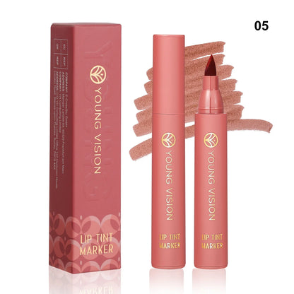 Blushimmer lip tint pen with six matte water lipstick colors, featuring a smooth, long-lasting lip stain and liner in a sleek design.