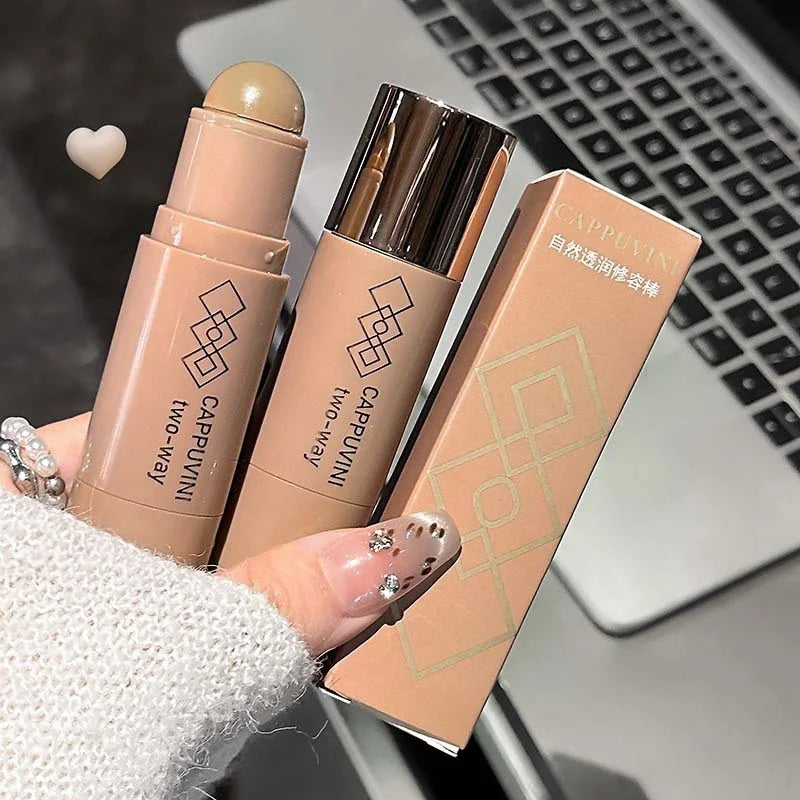 Blushimmer double-head face bronzer contour stick with brush, in light and dark shades for makeup contouring and facial brightening