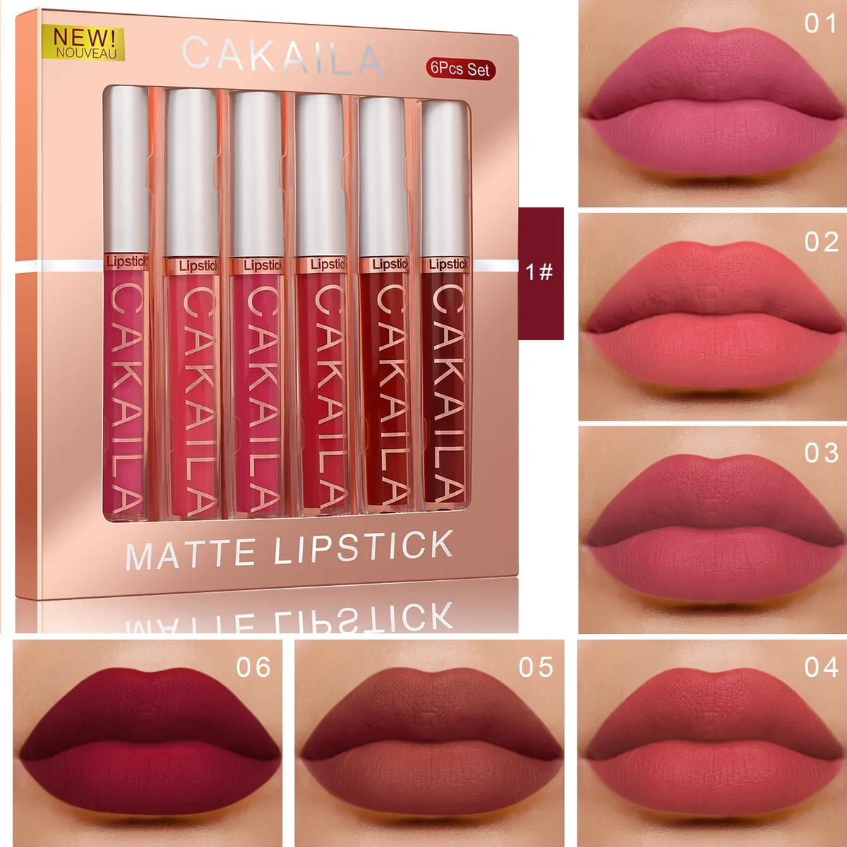 Blushimmer CAKAILA 6-color liquid matte lip gloss set featuring velvet, long-lasting, waterproof, non-fade lipsticks in various shades.