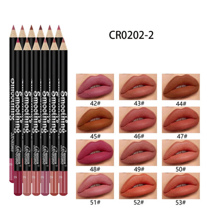 Set of 12 Blushimmer lip liner pencils in various shades, featuring matte finish and non-stick cup design for professional nude lip looks