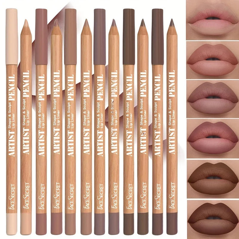 Six velvet matte lip liner pencils in shades of berry, brown, and pink, designed for long-lasting lip makeup by Blushimmer.