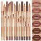Six velvet matte lip liner pencils in shades of berry, brown, and pink, designed for long-lasting lip makeup by Blushimmer.