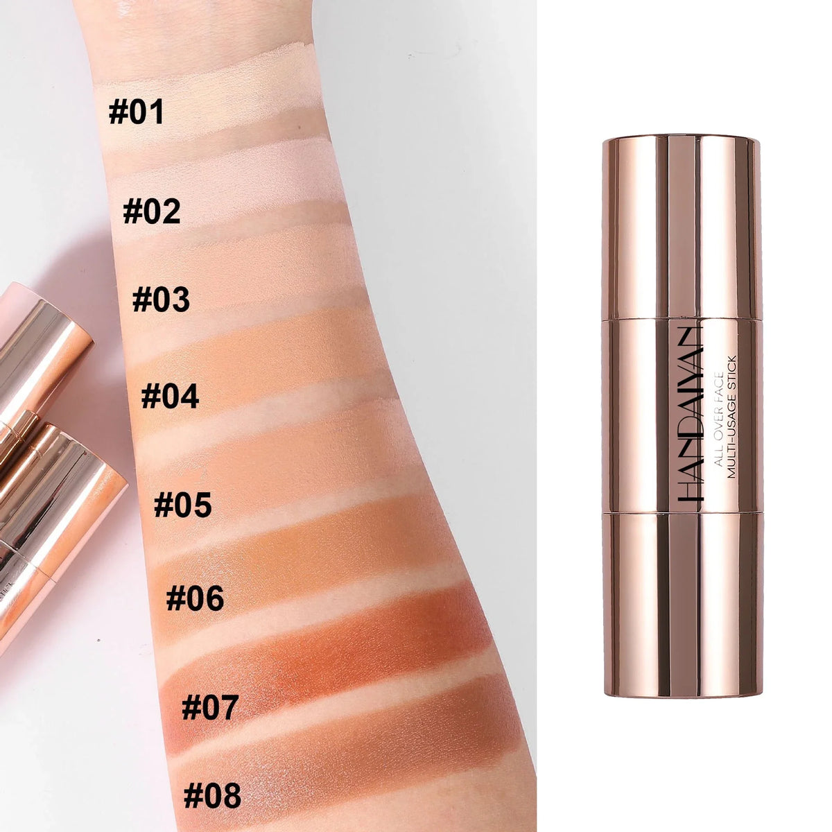 Blushimmer double-head face bronzer contour stick with brush, featuring light and dark cream shades for contouring and facial brightening.